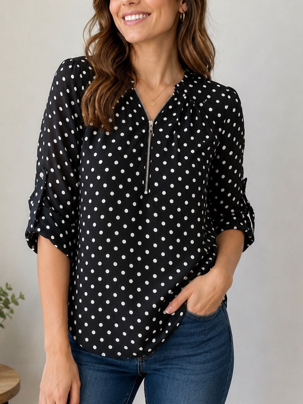 Emery Rose Black & White Polka Dot Zip Blouse Size S Roll Tab Sleeves